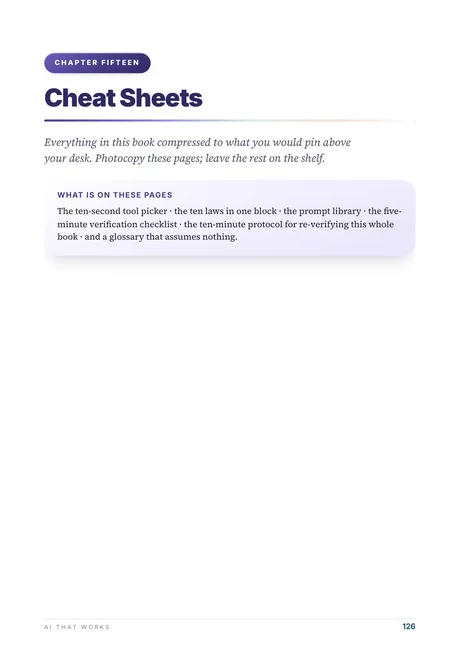 Ukázková strana: úvod patnácté kapitoly Cheat Sheets s podtitulkem a rámečkem shrnujícím obsah