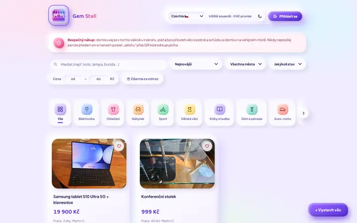 Náhled tržiště Gem Stall — seznam inzerátů s filtry a kategoriemi